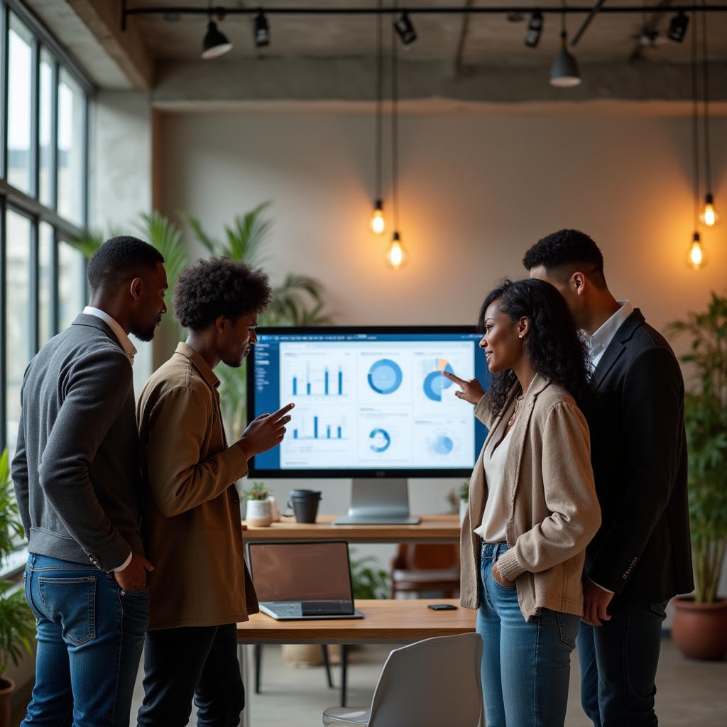 Diverse team of property management software developers collaborating around a large monitor in a modern Philadelphia office